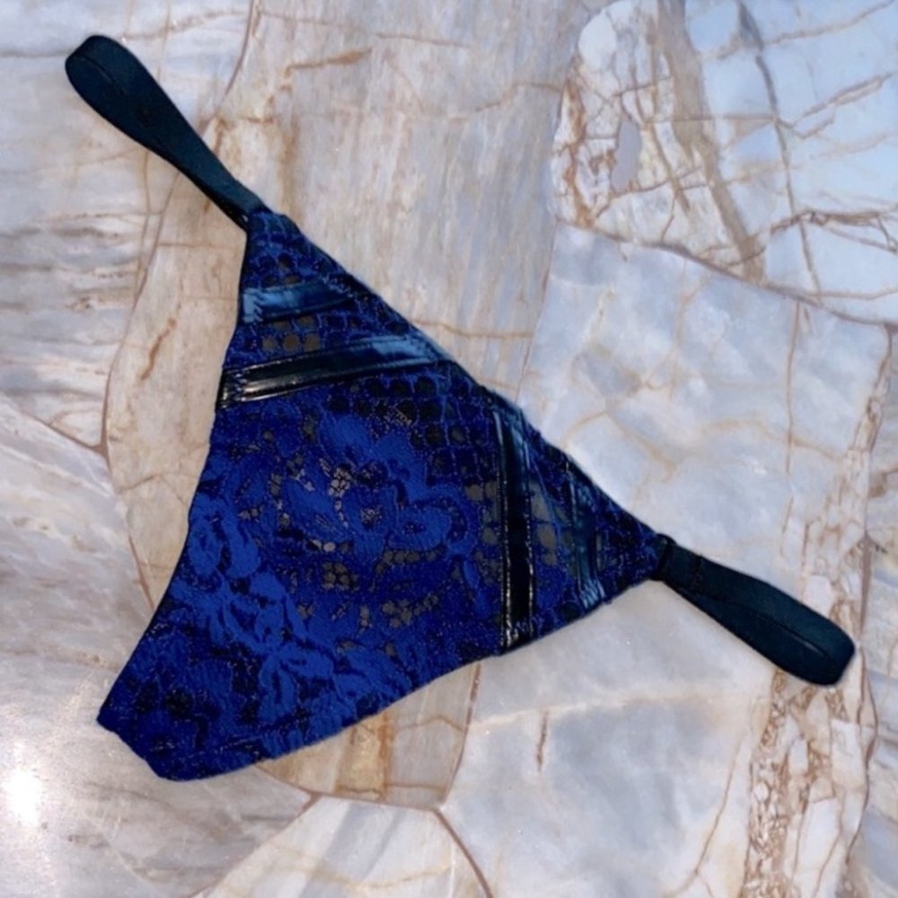 Rare Victoria Secret Faux Leather Trim and Lace Thong V-String Navy Blue
